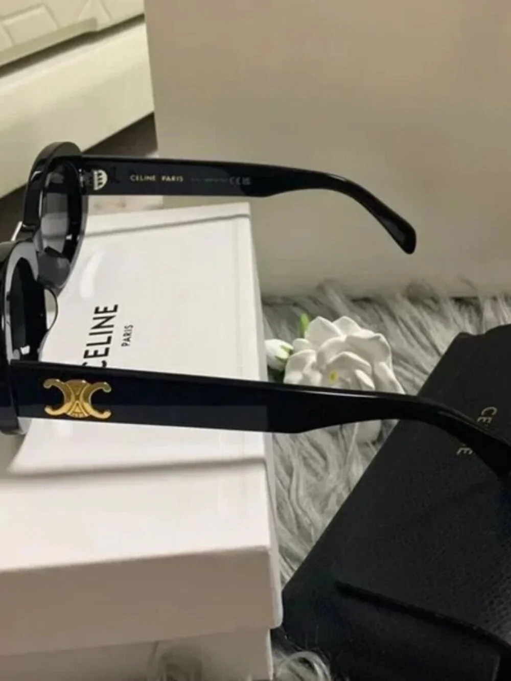 Celine Triomphe Oval Sunglasses Black Acetate Frame Dark Grey Lenses Gold Triomp